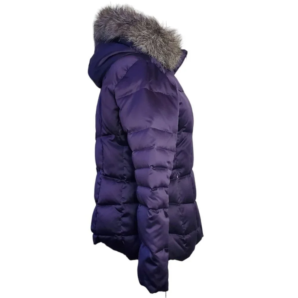Calvin Klein Womens Down Puffer Coat L Purple Gray Faux Fur Trim Removable Hood - Picture 4 of 16